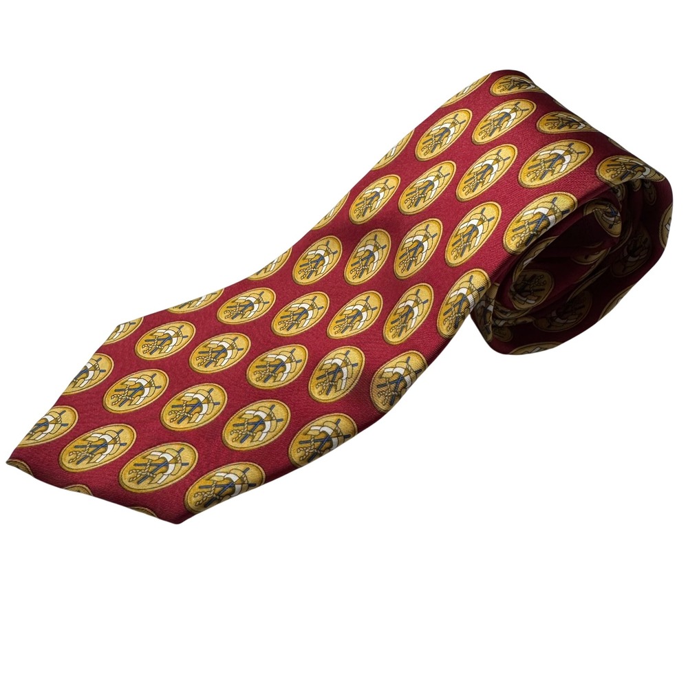 Vtg Gucci Mens Silk Necktie Burgundy Gold Crest Medallion Pattern Made in Italy